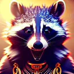 portrait of a female anthropomorphic raccoon with tribal and metallic jewelry. unreal engine 5, artistic lighting, highly detailed, photorealistic, fantasy