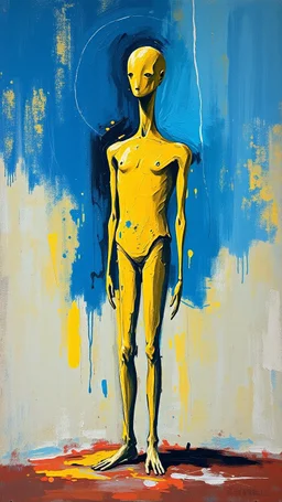 a tough oil brush blue and yellow abstract on rough canvas make a surreal figure of a very tall and thin sculpture, Busch painting style