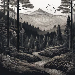 Intricate patterns on a forest landscape, sinister scribbles