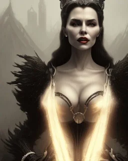 old evil queen in black leather gown, femme fatale, volouptous, busty, cleavage, angry, emperious, 8k resolution concept art portrait by Greg Rutkowski,