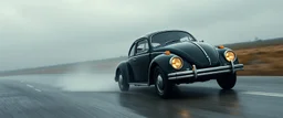 a high definition screen shot of a jet-fighter vw-beetle, retrofuturistic, phototrealism, in flight, one subject, rough weather