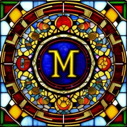 round coaster of letter M with stained glass window effect, highly detailed, intricate, warm colors, stained glass window, glossy from rain, warm lighting, dramatic lighting