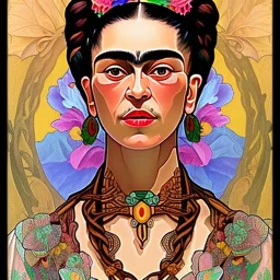 A beautiful portrait of Frida Kahlo by alphonse mucha, japanese tatoos, 4k, high details