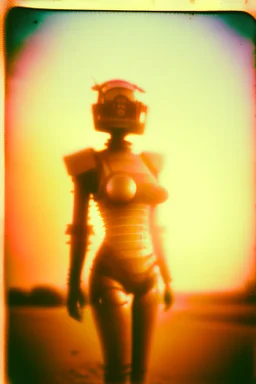 steampunk, vintage analog polaroid of a woman robot, female body, fog, lomography, heavy film grain, sunset, color bleed, depth of field, bokeh, retro