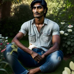 an 24 year old indian man, oval face, tanned skin, wearing shirt and jeans, sitting in a garden, peaceful