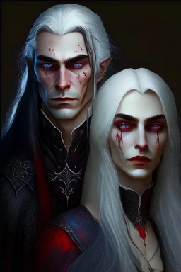 A couple, from the dnd game curse of Strahd. The woman is beautiful, has long white hair and blue eyes, the man has LONG BLACK hair and red eyes, no facial hair.