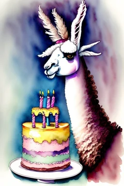 A llama having a birthday cake. Watercolour