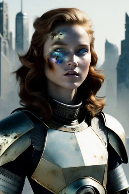 ultrarealistic, ruined city,__skimpy sci-fi armor__, __angles__, 19 year old woman, strikingly beautiful, ginger hair, silver colour, [__starlets__|__starlets__], (pale __skincolor__ skin:1.2), __camera__ __hair__, detailed face and eyes, c-cup breasts, leather choker, freckles, dynamic pose, resolved expression, __accessory__, strappy outfit, (straps:1.1), sword in scabard on left hip, (buckles, buttons, snaps, rings:1.0), haltertop style breastplate, detailed eyes, plump lips, fantasy theme