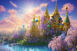 gold colorfull crystal russian PALACE on the mountain, sun,swanns,waterfall, BLUE LAKE, SWANNs,fuksia bugainvillier flowers, jacaranda violet trees, sky pink blue, full of details, smooth, bright sunshine，soft light atmosphere, light effect，vaporwave colorful, concept art, smooth, extremely sharp detail, finely tuned detail, ultra high definition, 8 k, unreal engine 5, ultra sharp focus