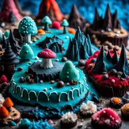 Close-up photograph of detailed creepy landscape made of cake-frosting and felt, crystallizations, figure, animals, fungi, crystals, mineral concretions, sun, Amano, Roger Dean, strong texture, intricate, colours, Max Ernst, rich moody colors, bokeh, Tim Burton, Harry Potter, 33mm photography