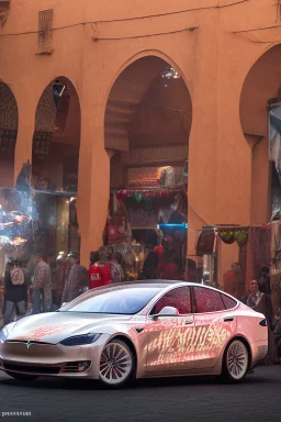 A Tesla's 'Model S Plaid' is performing donuts, in 'Jemaa el-Fnaa', in Marrakesh. CINEMATIC. WIDE ANGLE LENS.