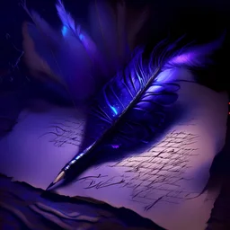 magic writing on a papyrus role, a feather lies next to it, blue-purple light, fantasy, magic, dark