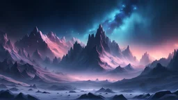 4k landscape realistic Fantasy, Palace , Background: A mountain range, bathed in the cold glow of distant stars. The landscape is desolate and dark, with jagged mountain peaks rising from the frozen ground. The sky is filled with swirling nebulas and constellations, adding an air of mystery and intrigue with a small winter cabin nestled in the valley of the mountains as the peaks tower over it. There is gentle snowfall and ample stars above.