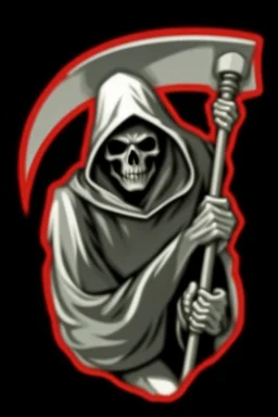 hooded Grim-Reaper gripping scythe, vignette, black and white graphic novel style with a red outline, and black background,