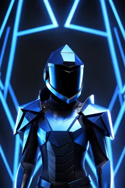 neon blue, floating triangle of light orbiting behind the back, cyber armor, geometric patterns on armor, male, orbiting triangle