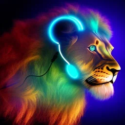 A beautiful portrait of a cyborg lion blue neon color scheme, high key lighting, volumetric light high details psychedelic background