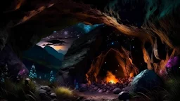 stone cave . In the garden my mind bows . mountains. space color is dark , where you can see the fire and smell the smoke, galaxy, space, ethereal space, cosmos, panorama.