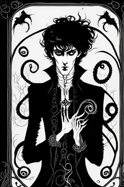 black haired young man necromancer wizard with gothic jewelry and tentacle fingers in the style of Aubrey Beardsley