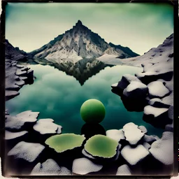 Sublime foto close-up polaroid ad alta definizione di una montagna rocciosa e falsa, un lago falso, surreale, collage art, dadaism, sublime, splimapys nero, cielo nero, acqua nera riflette un sole nero, macabre piante circondano il lago, alghe, hypermaximalist, Max Ernst style, strangeness, intricate, hypnotic, obsessive, 8k, deep 3d field, very accentuated details of the rocks and shtn, eerie, artistic photo, shot on Hasselblad, large format film, medium format film