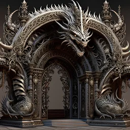 Expressively detailed and intricate 3d rendering of a hyperrealistic “ancient gate”: dragon detailed, shinning metal, front view, full anatomy, symetric, 4K, cosmic fractals, dystopian, dendritic, stylized fantasy art by Kris Kuksi, artstation: award-winning: professional portrait: atmospheric: commanding: fantastical: clarity: 16k: ultra quality: striking: brilliance: stunning colors: masterfully crafted.