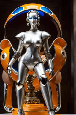 female humanoid robot, beautiful like a supermodel from the sixties, beautiful eyes, sexy, helmut newton, glass bubble, elephant sculpture, lord ganesha