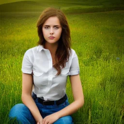 gorgeous young Swiss girl sitting standing in green field, mountain, sun, wearing blue shirt over, open arms, realistic eyes, unreal engine, photograph, realistic skin texture, photorealistic, hyper realism, highly detailed, 85mm portrait photography