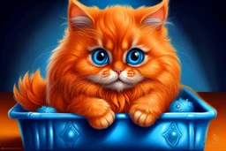 A Stunning kawaii cute fluffy orange Persia cat sitting in blue gift box, in the style of Puffy Gator, Beautiful Big Eyes, Apofiss, Ailah, Kikariz, 8K, HD, Fairy, Hyper Detailed, Cinematic Atmosphere, intricate details, Digital Painting, Realistic