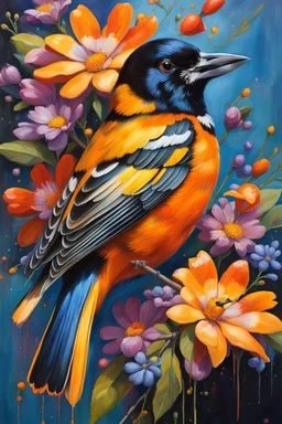 vibrant and energetic painting featuring a Baltimore Oriole a side profile, adorned with an array of colorful flowers. The bird's eyes are detailed and expressive, capturing its lively spirit.