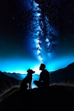 black background on a mountaintop and a silhouette of a fit man and a silhouette of a fit woman sitting next to each other looking at the stars, and a silhouette of a large dog sitting next to them