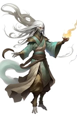 Air genasi from dnd with ashesen skin and asian flowing hair herematerial smoke Monk attire with ash giant Smoke Some hair