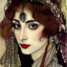 Beautiful woman gypsy shaman with big brown eyes, Subdued lighting. Muted color palette. Modifiers: elegant intricate very attractive beautiful award winning fantastic view hyperrealistic ultra detailed high definition matte background watercolor Arthur Rackham Gustav Klimt pen and ink Johannes Vermeer Aubrey Beardsley