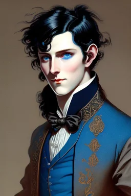 young black haired blue eyed dandy wizard in the style of beresford egan