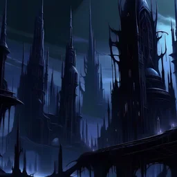 Dark eldritch spires cyberpunk cityscape