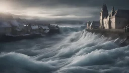 Photoreal magnificent polar ice tsunami huge towering wave hits medieval town near at night by lee jeffries, otherworldly creature, in the style of fantasy movies, photorealistic, shot on Hasselblad h6d-400c, zeiss prime lens, bokeh like f/0.8, tilt-shift lens 8k, high detail, smooth render, unreal engine 5, cinema 4d, HDR, dust effect, vivid colors