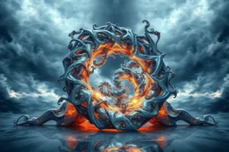 Dynamic complex hypnotic fractal 3D structures twisting and morphing between organic and geometric forms with Symmetry, smooth translucent iridescent glass with inner glow and bubbles, varied transparent materials, stormy skies, intense dramatic