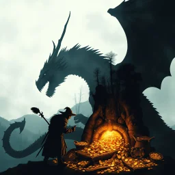 photographic Double exposure silhouette of a Dragon with a fantastical dragon's hoard and a Hobbit thief greedily eyeing the gold and jewels. The image fuses two scenes together, giving it a surreal, profound, and dark fantasy aesthetic. The movie poster quality art is highly detailed and drawn in a style reminiscent of modern dark fantasy compositions