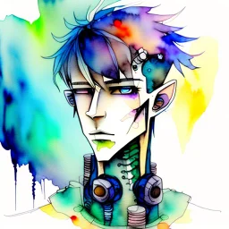 Male cypebpunk character connected to AI exploring other AI - Watercolour and Watercolour Painted Style - Jenny Rainey Style