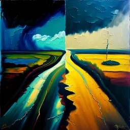 two diverged roads, art, oil colors