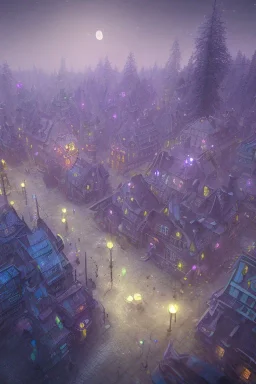 Hunted little town in purple and blue coloristic aura at night