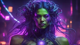 realistic portrait of miss hulk A radiant and ethereal cyberpunk girl shrouded in vibrant veils, her form intertwined with luminescent crabs composed of violet light and smoky purple hues. She is adorned with futuristic neon wires and intricate cyberpunk jewelry, her translucent layers billowing in an unseen breeze, casting a surreal, dynamic glow against the backdrop of a gritty, neon-lit metropolis.