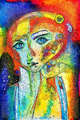 tech alchemist; colorful ink wash with a dash of pointillism inspired by Kandinsky and Klimt