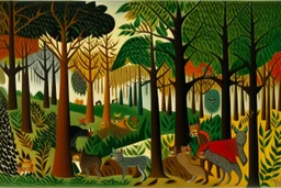 A multicolored woods with piercing eyed wolves painted by Henri Rousseau