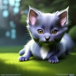 pixar style, volumetric garden environment and background, realistic painting of a cute midget russian blue kitten laying on the ground, looking excited, detailed digital painting, extreme dense and fine fur, anime, ornate, colour-washed colors, elegant, small minutiae, tiny features, particulars, centered, smooth, sharp focus, renderman gofur render, 8k, uhd, detailed eyes, realistic shaded volumetric lighting, sunlight caustics, backlight, centered camera view