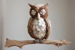 owl made of driftwood, concrete, mother-of pearl and copper wire