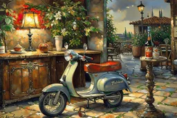 a painting of a scooter parked next to a table, romantic storybook fantasy, realistic. cheng yi, twinkling stars, europe, very beautiful masterpiece, drinking wine, water color, for a beautiful, dent wu