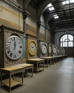A gray factory with iron clocks designed in ancient Egyptian pottery painted by Andy Warhol