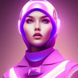 Cute girl in a robotic hijab suit, purple and pink backlight, orange lighting, profile