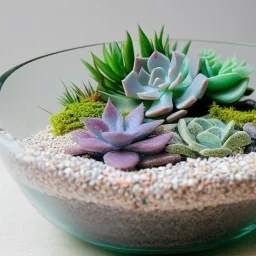 succulent terrarium in a glass bowl, pebbles, pastel colors, sunbeam, adorable, linen backdrop