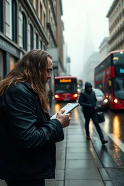 A stalker wants an autograph from a long-haired rock musician on a street in central London. The stalker is an overweight soon bald 25-year-old and looks a bit slimy, the atmosphere is oppressive and unpleasant, lot of traffic and london busses, hectic hour, a nice hotel, fog and rain