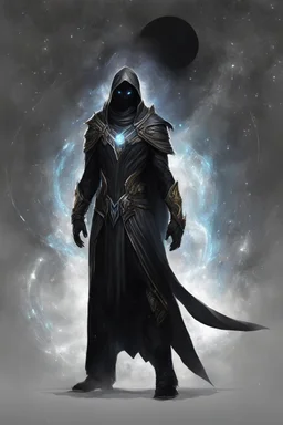 character design, concept art, god of black hole, space void black hole god entity, black void body, glowing eyes, cape of stars, black hole character design